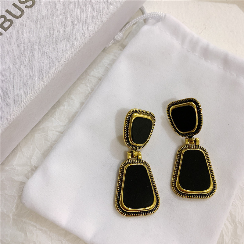 Aretes Vintage De Aceite De Goteo Geométrico Negro Pendientes Franceses De Plata 925 Con Pasador De Plata Para Mujer display picture 2