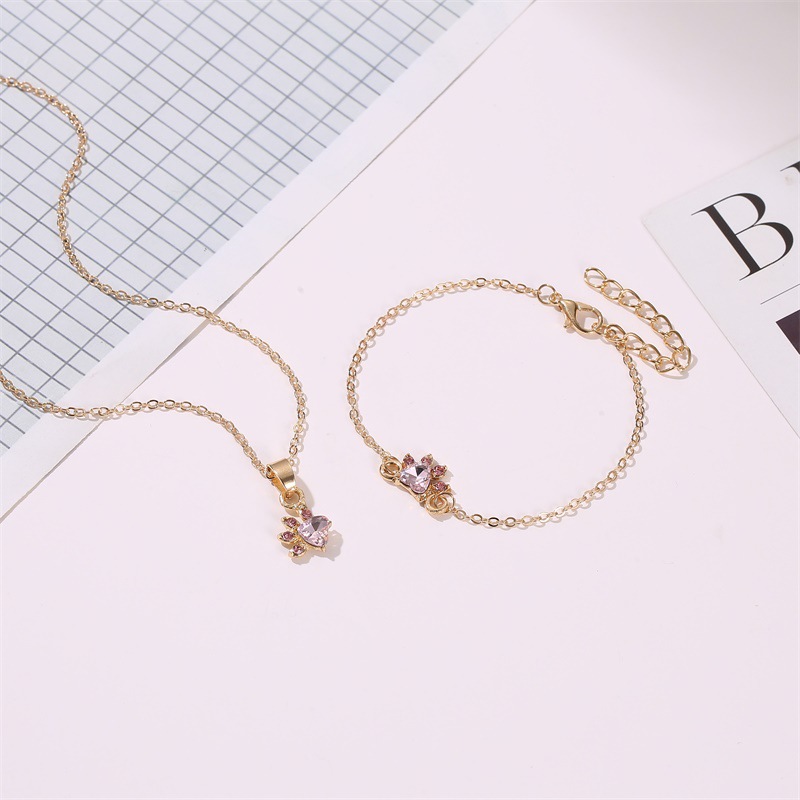 fashion jewelry cat footprint zircon ring bracelet cute cartoon cat claw necklace earring set wholesale nihaojewelrypicture4