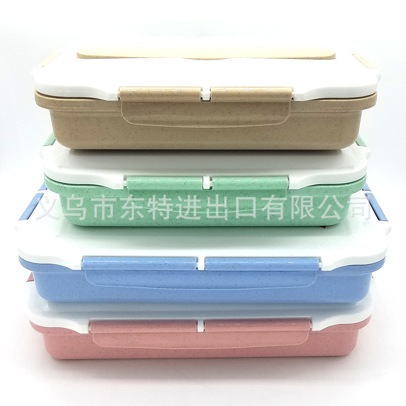 厂家直销不锈钢饭盒 304方形便当盒野餐餐盒 小麦秸秆分格便当盒详情图2