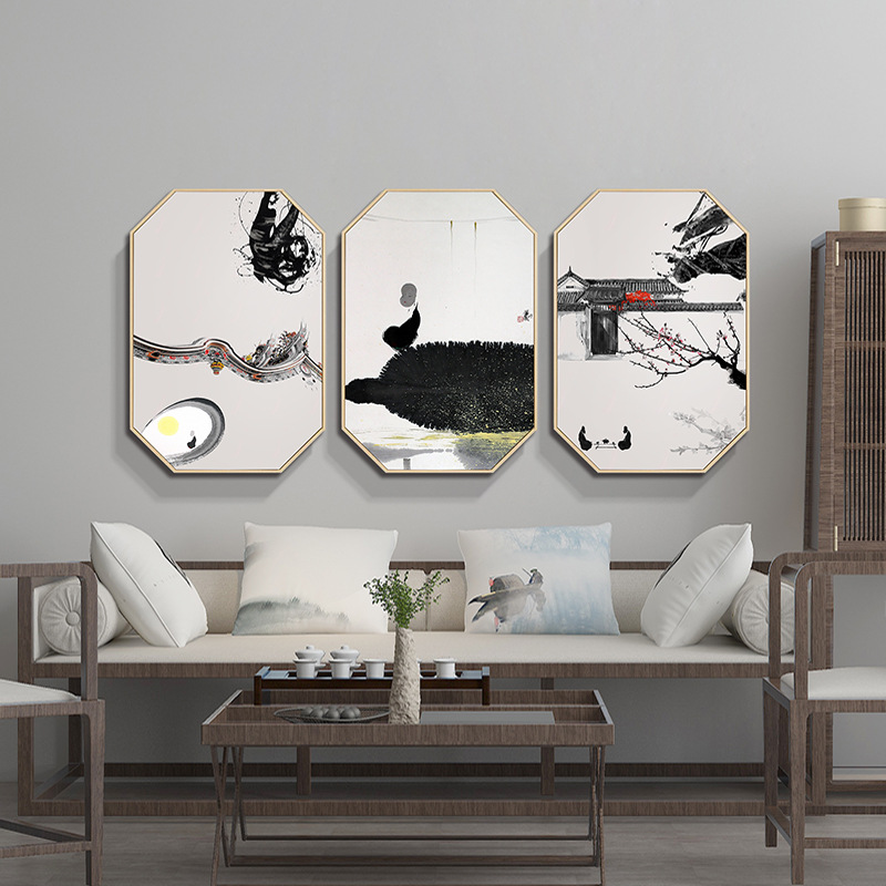 新中式中国风禅意客厅八边形三联装饰画酒店家居茶室挂画定制批发|ms