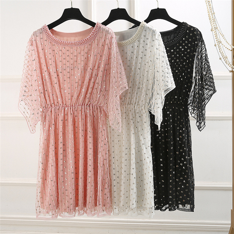 Spring and Summer Fashion Trendy Atmospheric Loose Mesh Pullover Dress Pearl Sequins Sweet All-match Meat Cover Slimming