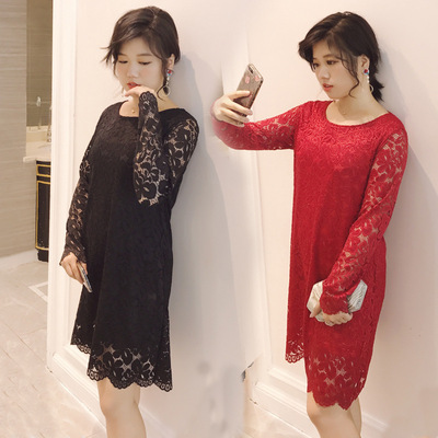实拍秋季新款修身气质女装纯色镂空胖mm长袖中裙黑色蕾丝连衣裙