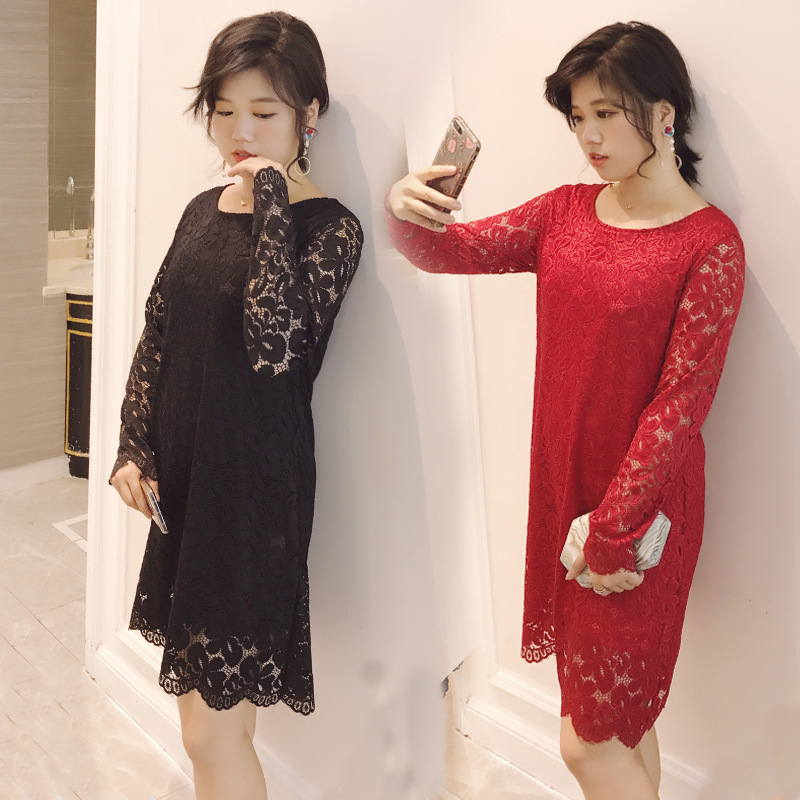 实拍秋季新款修身气质女装纯色镂空胖mm长袖中裙黑色蕾丝连衣裙