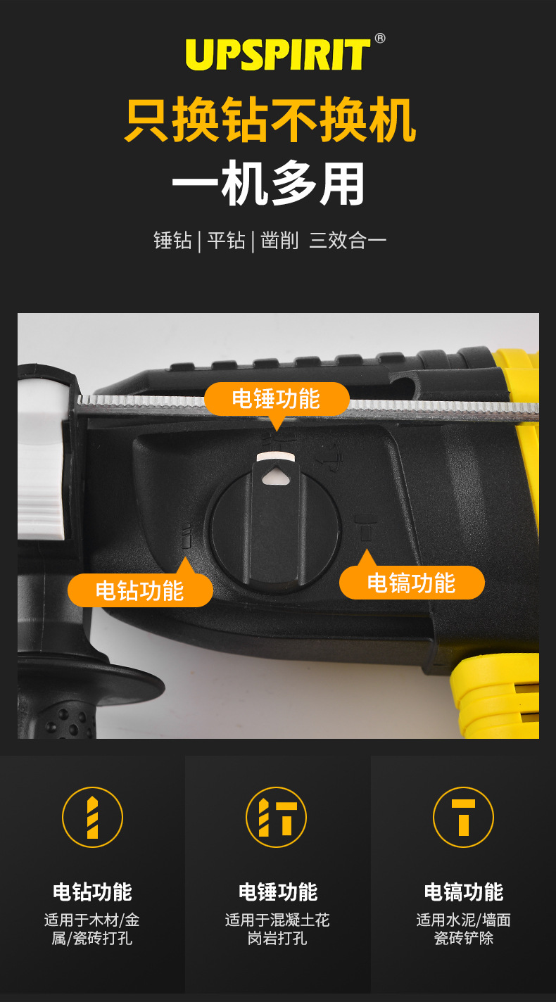 外贸出口无刷充电电锤多功能锂电冲击钻大功率26轻型电锤电镐电钻详情4