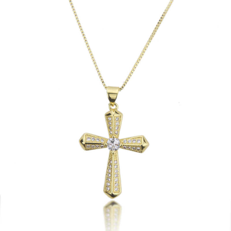 Südamerika Nische Zirkonium Eingelegte Facetten Reiche Kreuz Anhänger Mode Neue Vergoldete Religiöse Bronze Halskette Grenz Überschreitende Hip-hop-halskette Schmuck display picture 1