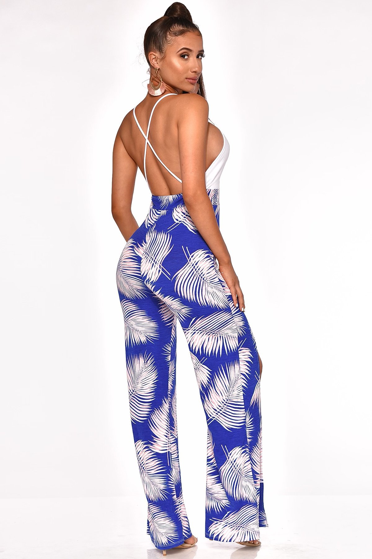 Boutique Sling Backless Slit Leaf Printed Jumpsuit
