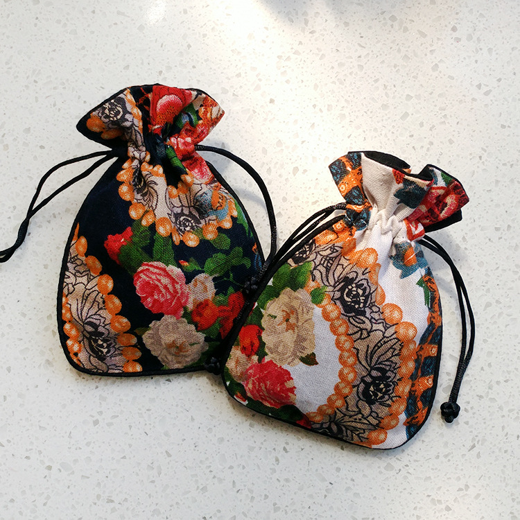 中国风纯棉麻布印花抽绳束口袋礼品袋文玩佛珠手串香料首饰收纳袋