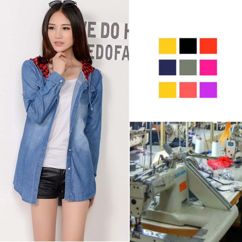 Denim Shirt Long sleeve Hooded Easy pure cotton lattice Cap Women's wear Mid length version Straight cowboy shirt jacket