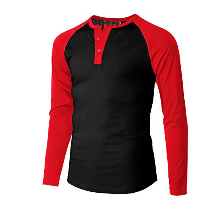 * 2019 men's long-sleeved T-shirt round neck thin young and middle-aged solid color sweater bottoming contrast color 3/4 sleeve sports T-shirt