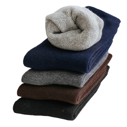 Thickened socks men's winter solid color warm plus velvet floor socks business mid-calf men's socks towel bottom cotton socks wholesale