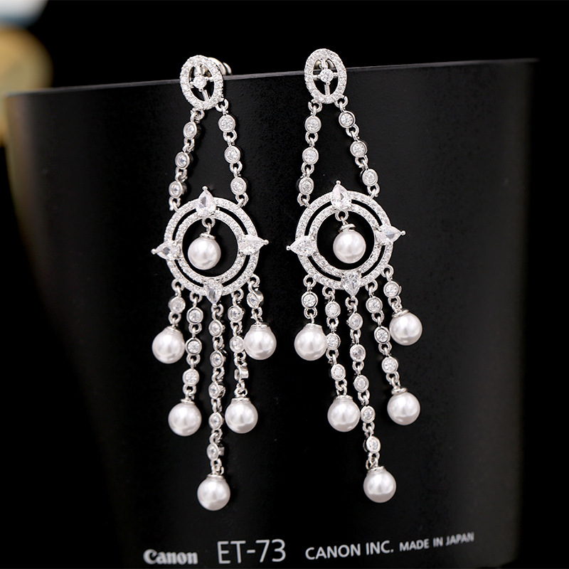 S925 Silver Needle Wang Hao With The Same Paragraph High-grade Slim Pearl Earrings Long Tassel Heavy Work Zircon Earrings Banquet Wild display picture 11