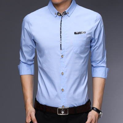 廠家直銷男裝2019春季新款男士翻領長袖襯衫韓版休閑男式純色襯衣