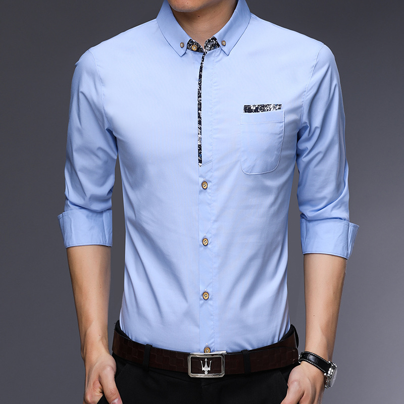 廠家直銷男裝2019春季新款男士翻領長袖襯衫韓版休閑男式純色襯衣