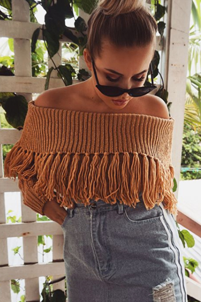  one-shoulder tassel strapless sexy sweater NSYD3673