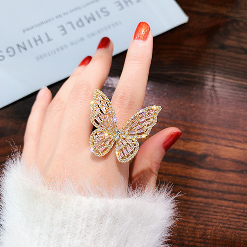 Luxurious super fairy zircon butterfly open index finger ring ins trend Korean Dongdaemun Internet celebrity cold style ring for women