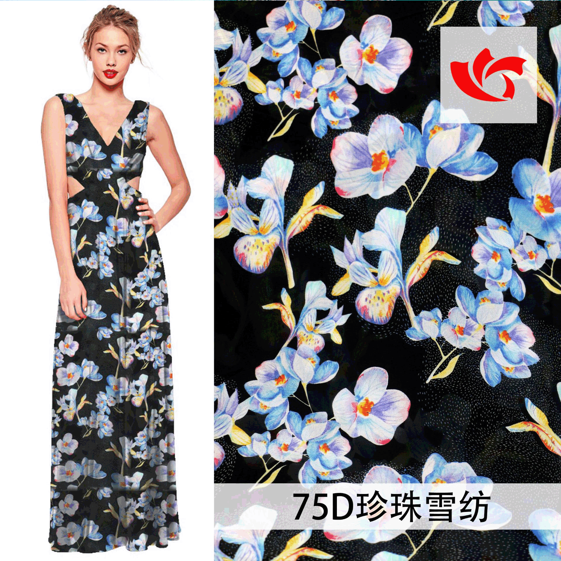 新款雪纺印花面料连衣裙布料厂家供应现货时尚款时尚女装面料