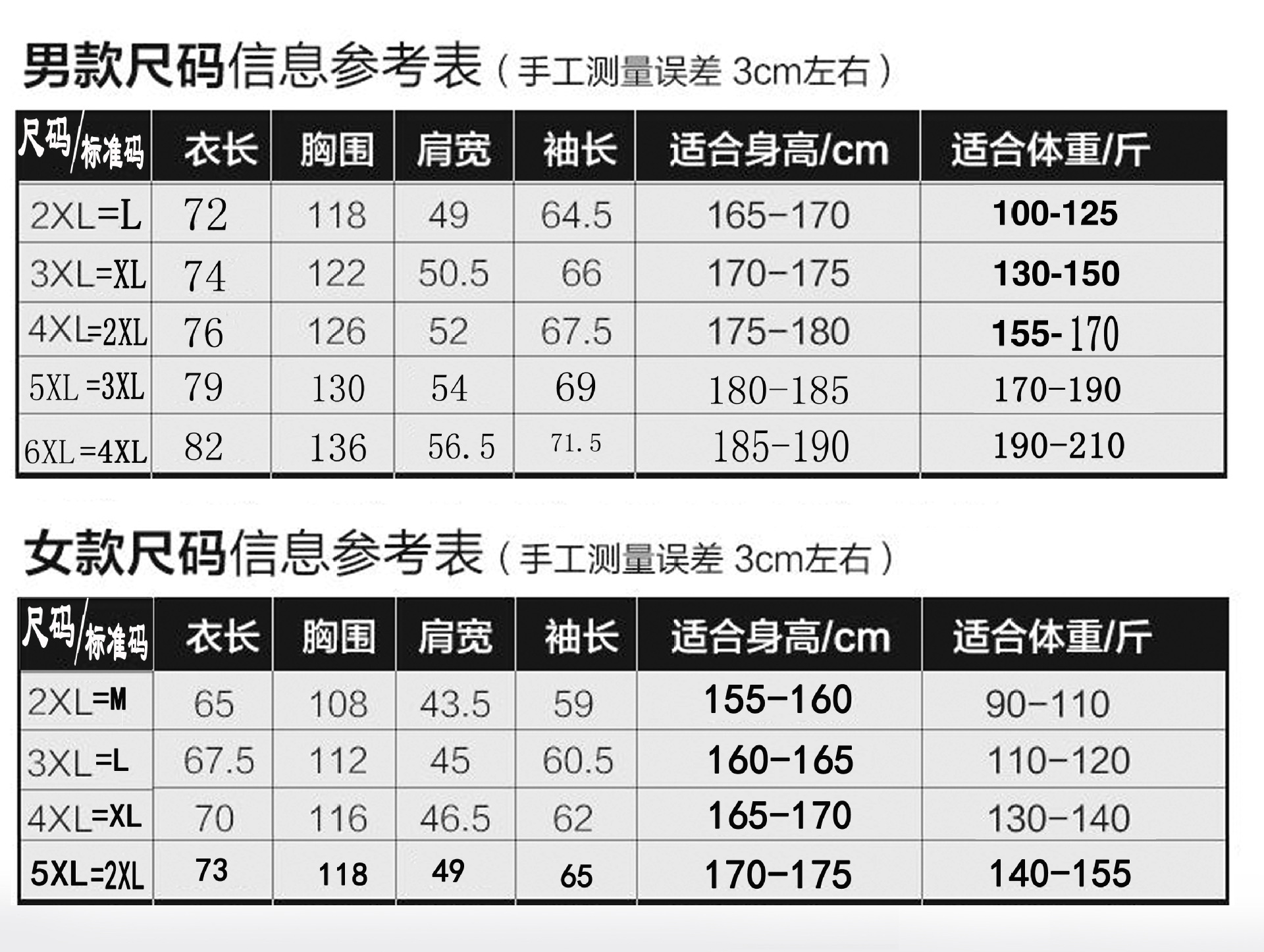 加绒冲锋衣尺码表