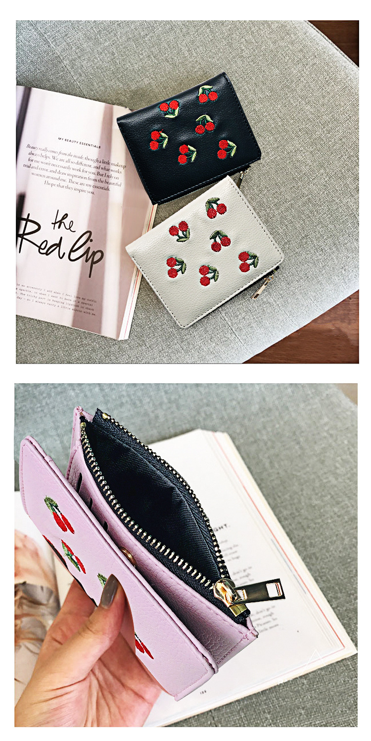 New Korean Hot Sale Lychee Pattern Cherry Embroidered Ladies Wallet Short Student Coin Pursepicture5