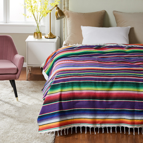 Rainbow runner woven cotton rug colorful striped rug tassel Indian camping rug Mexican table flag Mexican rug