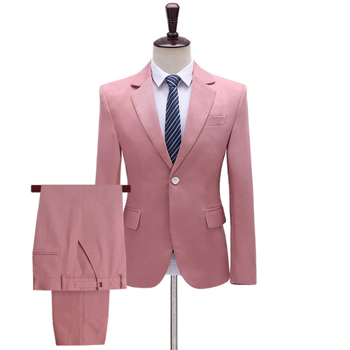 Colorful pink yellow blue  youth men music production suit singers host stage dress blazers and pants groomsman photos shooting costumes pink blue and yellow