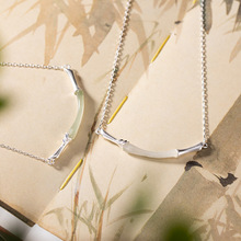 壹鹿银S925纯银镶嵌和田玉白玉竹节磨砂个性百搭女锁骨链套链吊坠