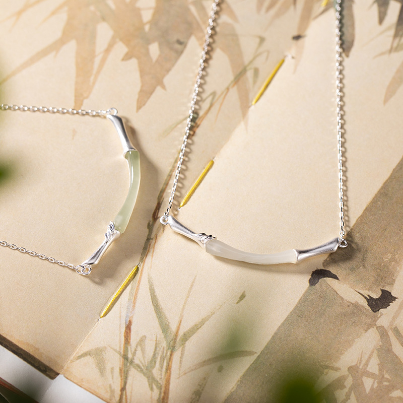 壹鹿银S925纯银镶嵌和田玉白玉竹节磨砂个性百搭女锁骨链套链吊坠