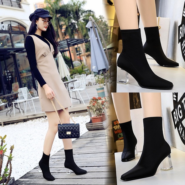 European and American fashion transparent and elastic Lycra square head slim sexy nightclub show thin short boots thin b