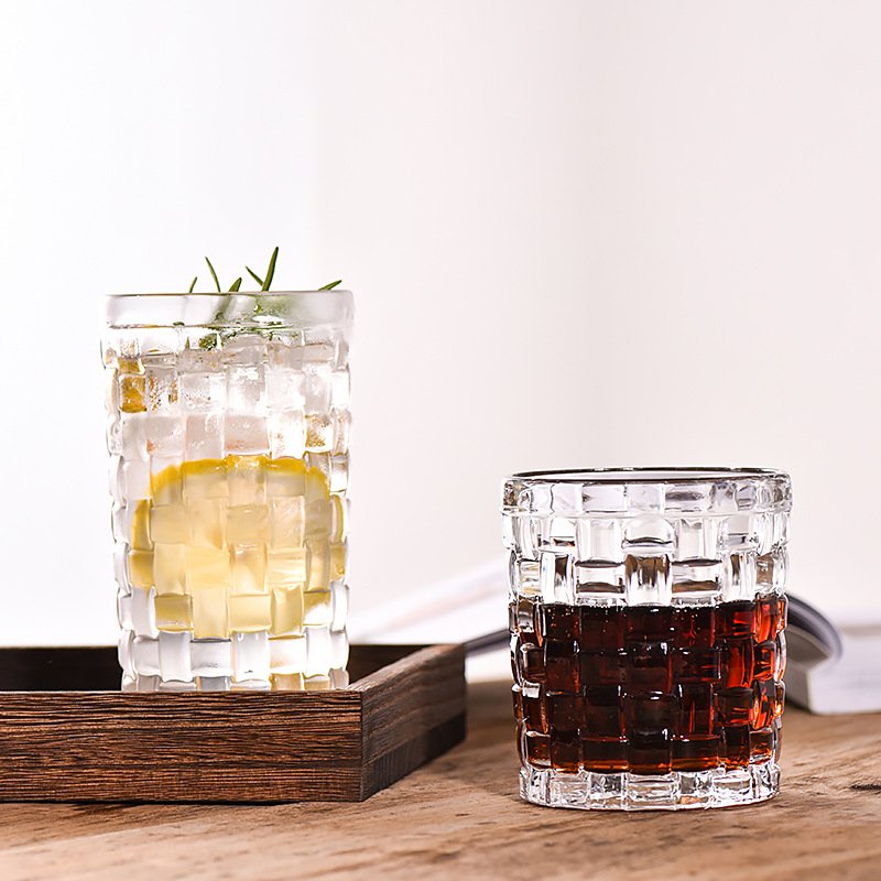 日式家用透明玻璃水杯套裝果汁杯晶瑩剔透編織洋酒杯筆筒口杯