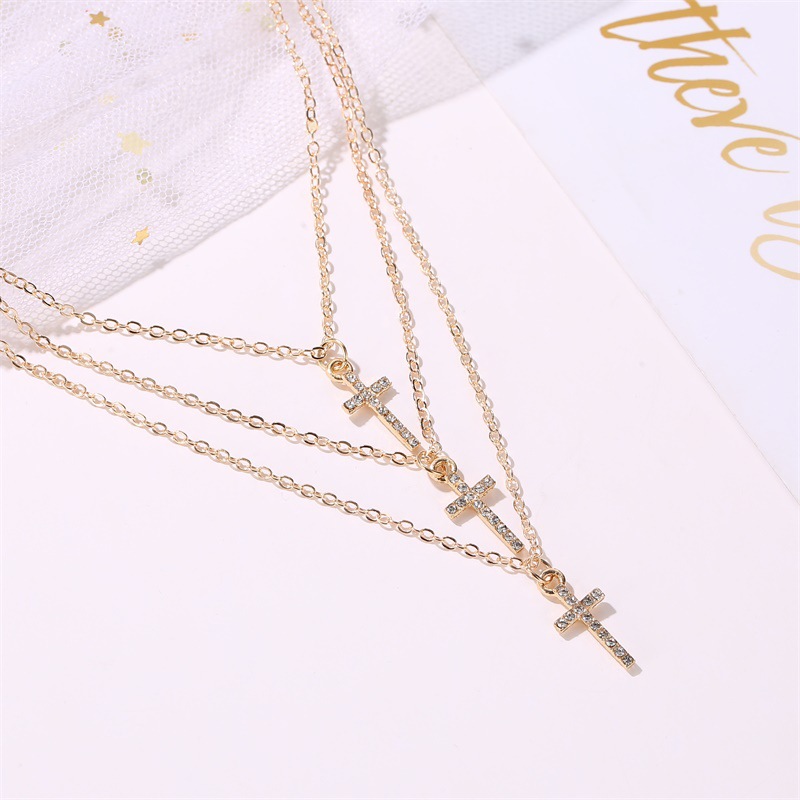 New Diamond Multi-layer Cross Necklace Exquisite Full Diamond Retro Three-layer Clavicle Chain display picture 3