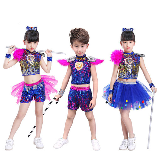 Boys girls red gold blue pink sequin jazz dance costumes hip-hop dance outfits kindergarten dance clothes choir performance clothes modern dance sequined fluffy skirt