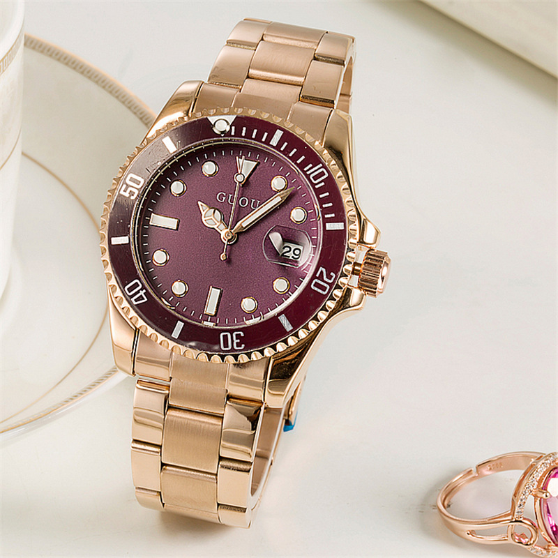 Guou guou nuevo reloj de mujer casual al por mayor correa de acero de cuarzo impermeable calendario tendencia reloj 8077