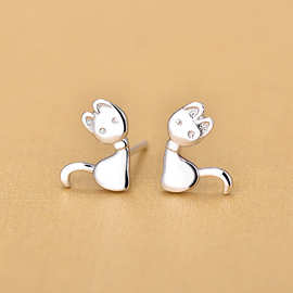 S925纯银义务小饰品 创意新款少女可爱猫咪耳饰 简约个性潮款潮人