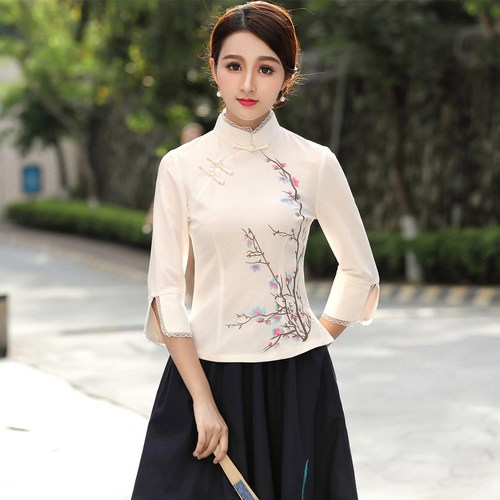 Women girls purple red green flowers retro qipao tops shirts blouses for female ancient republic of China folk embroidery of printing qipao tops for female