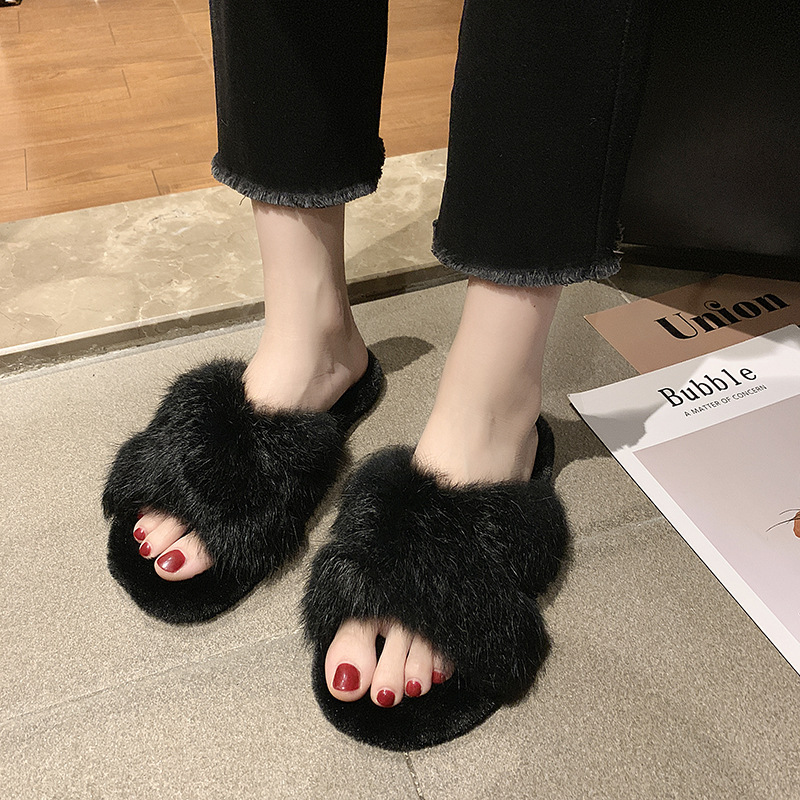 Khaki Cross Fur Slippers