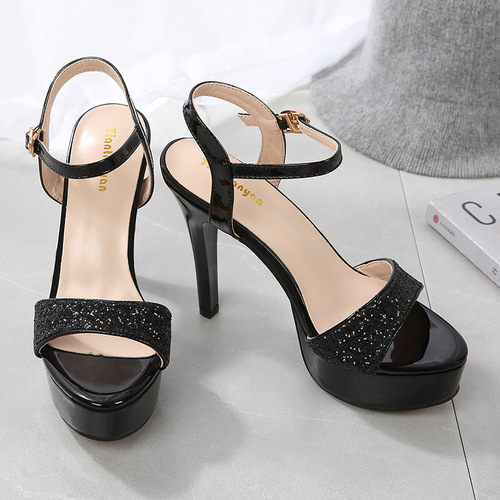  new fashion waterproof platform sequined buckle stiletto heel super high heel wedding banquet fashion women's single shoes sandals