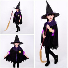 萬聖節兒童服裝女巫婆帽子披風斗篷二件套幼兒園角色扮演表演服裝