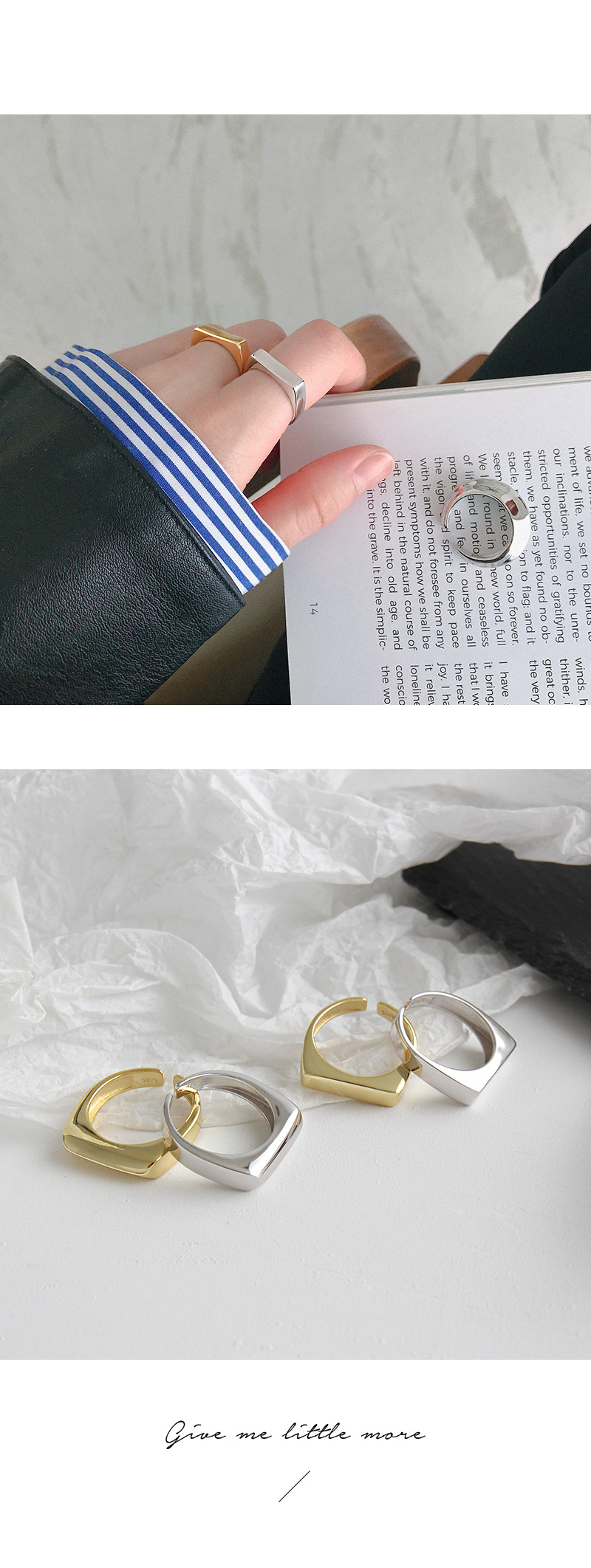 Korean S925 Sterling Silver Ring INS Minimalist Geometric Rectangle Glossy Open Female Ring Silver R