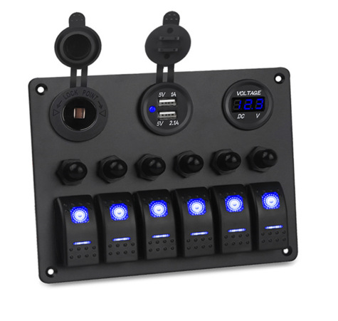 12-24游艇汽车改装6位面板开关带保护器 USB电压表组合蓝色光