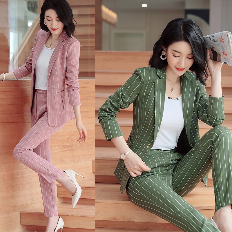 2019秋冬条纹小西服套裙新款休闲职业装女套装修身韩版女式小西装|ru