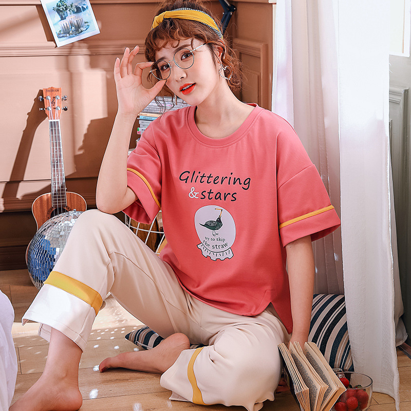 梦雨念夏季纯棉女士短袖长裤套头睡衣套装厂家直销全棉女式家居服