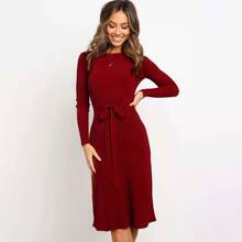 autumn and winter new V-neck pleated flared long-sleeved lace-up printed dress NSYD6007