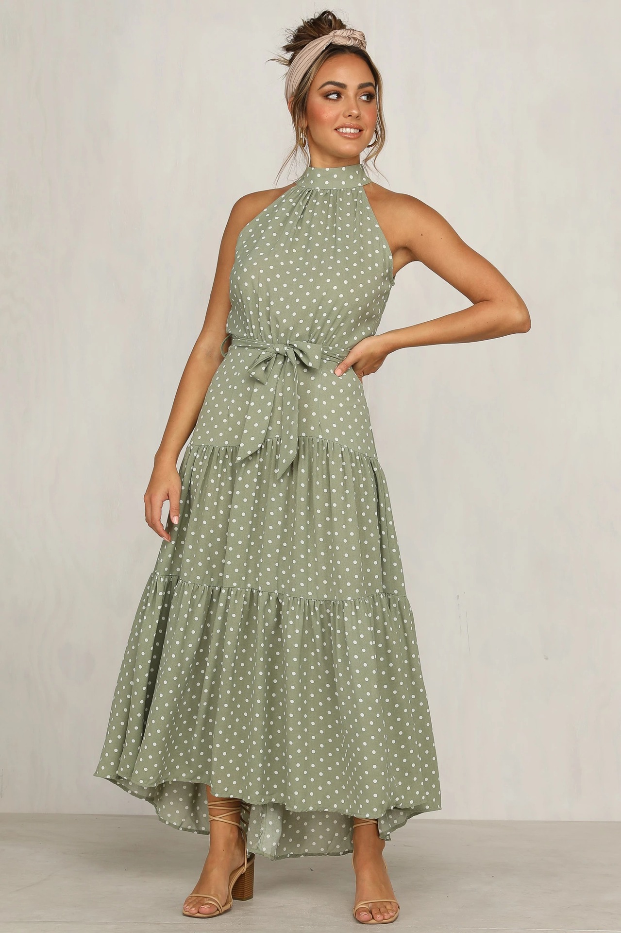 summer new women s polka dot round neck mid-waist sleeveless ruffled flounce dress NSYD3859