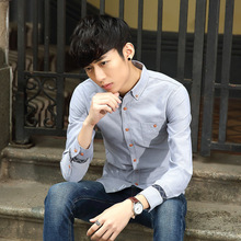 夏季新款男装长袖衬衫潮流韩版休闲印花拼色修身男士衬衣一件代发