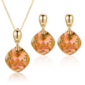 水晶项链耳环套装合金保色电镀首饰套装镶玻璃饰品二件套欧美跨境