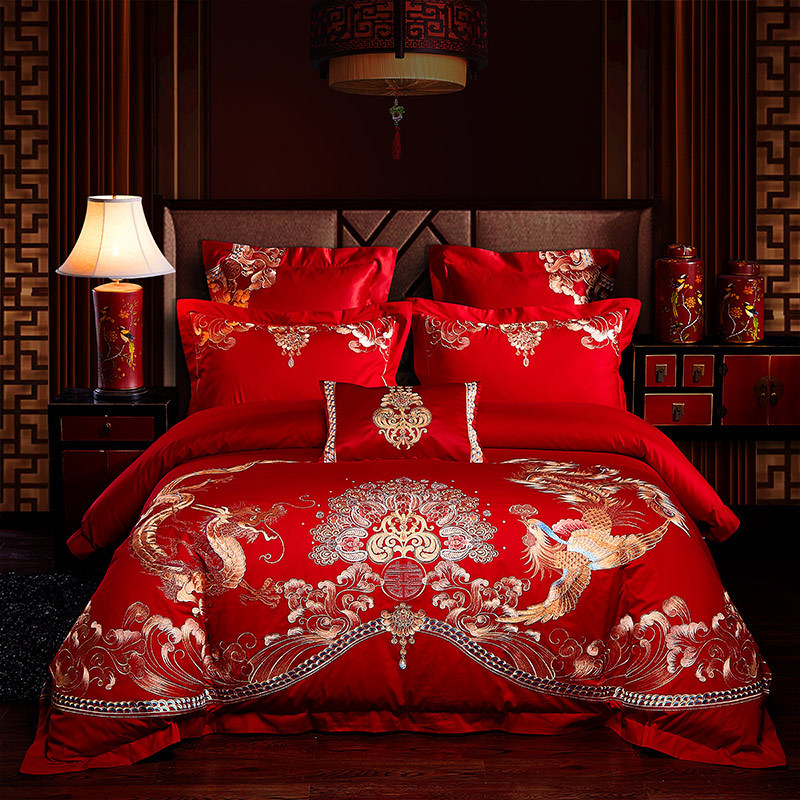 [Wedding family of four] 2020 new pattern Embroidery Dragon Phoenix Embroidery Wedding textile wholesale Special Offer Heart go hand in hand