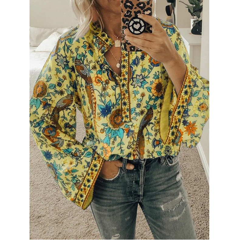 buttons print long sleeve loose top NSKX122428