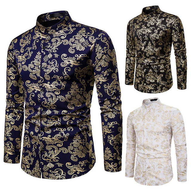 Men’s Henry collar design gilt printed long sleeve shirt