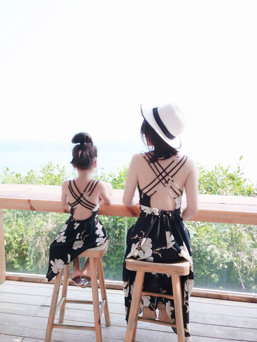 Parent-child summer clothes  new Korean style mid-length printed backless suspender dress beach skirt for vacation