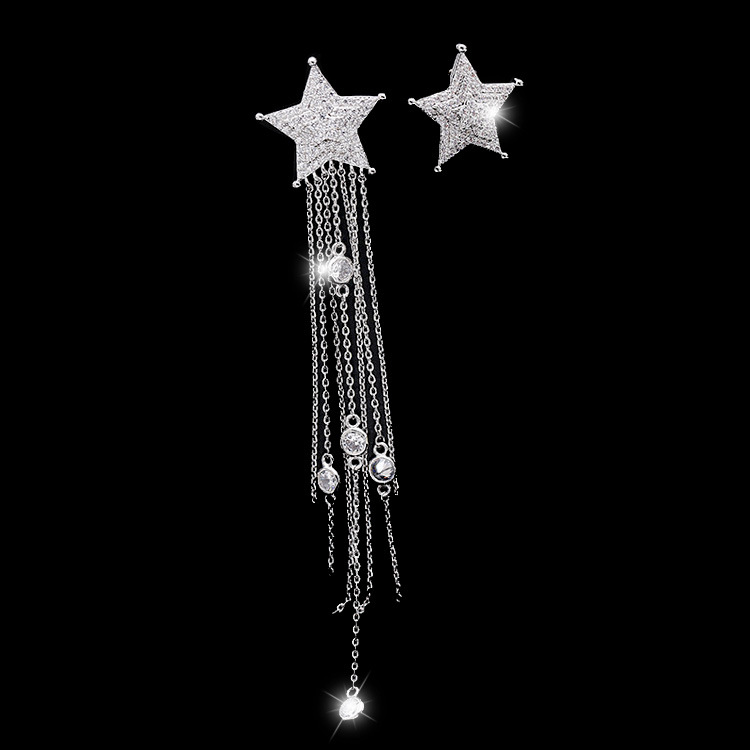 新品热卖个性不对称五角星长款流苏耳环气质韩版星星s925银针耳钉