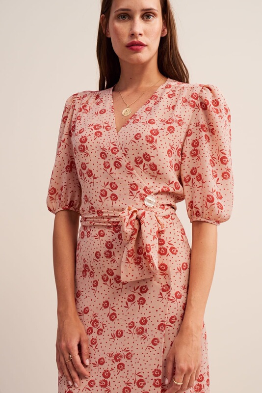 2023 New rouje French Vintage Printed Floral Tea Break Dress Wrap Dress Midi One-piece Dress
